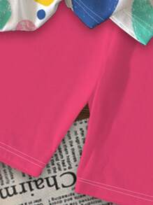 SHEIN 2 件套年轻女孩休闲心形印花短袖上衣和短裤套装，粉色，夏季 - 彩色 - 查看 6