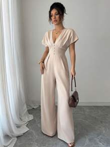 Rafferiza Women's Deep V-Neck Ruched Elegant Wide Leg Solid Color Jumpsuit - Apricot - View 7