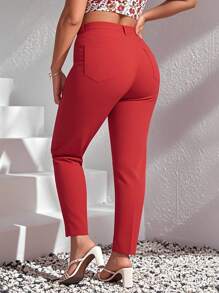 Slaydiva Plus Size Casual Solid Color Slim Fit Jeans - Red - View 2