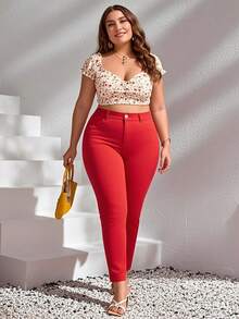 Slaydiva Plus Size Casual Solid Color Slim Fit Jeans - Red - View 3