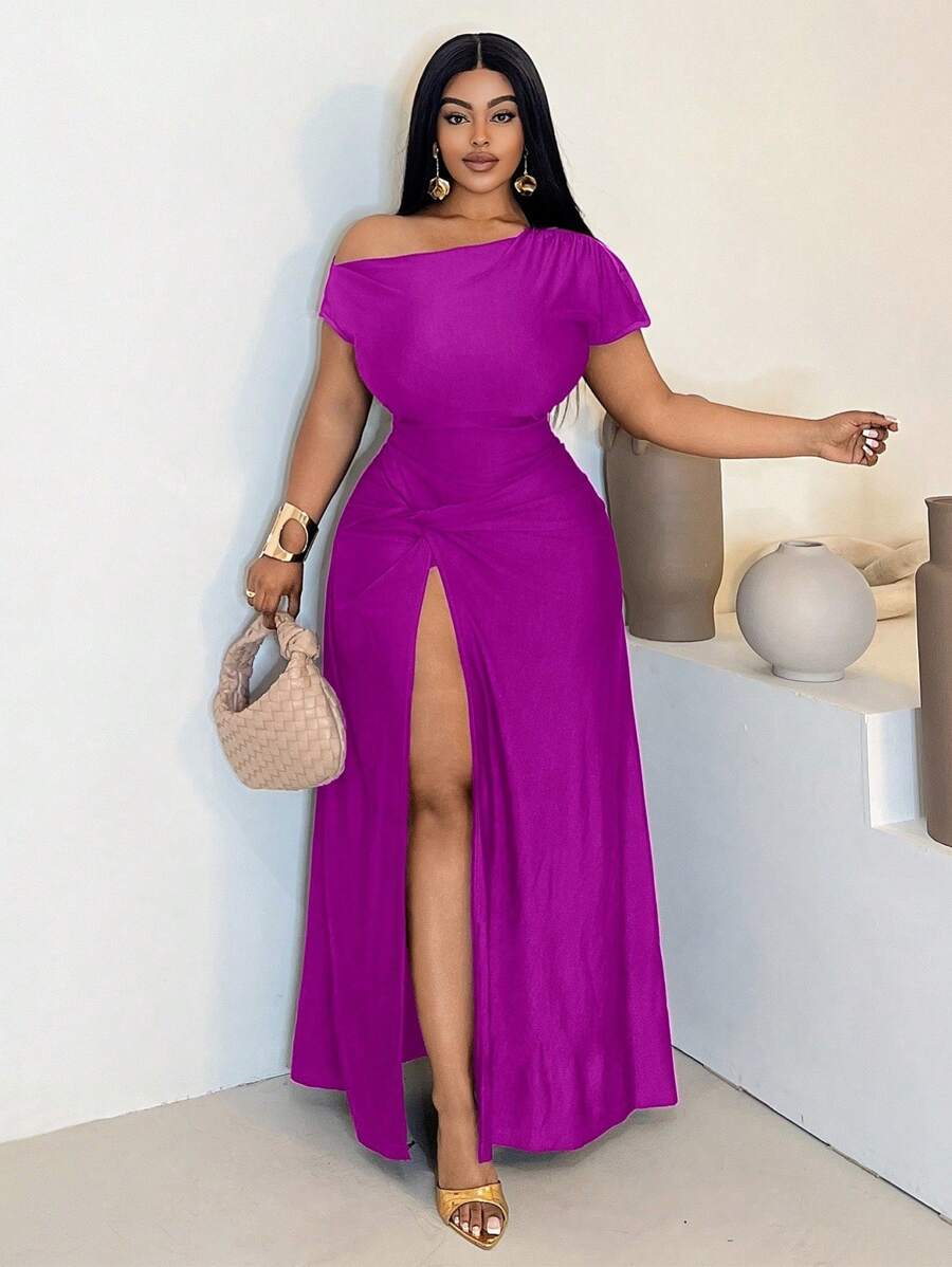 Maweii 大码女式不对称开衩扭纹连衣裙 - 紫色 - 查看 1