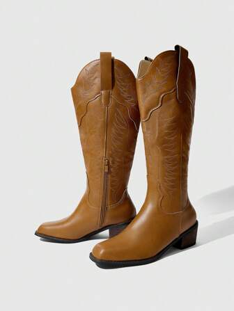 Fairycore Botas altas de vaquera para mujer, puntera afilada, bordadas, de estilo occidental, con corte sexy en V, de tacón grueso y caña media