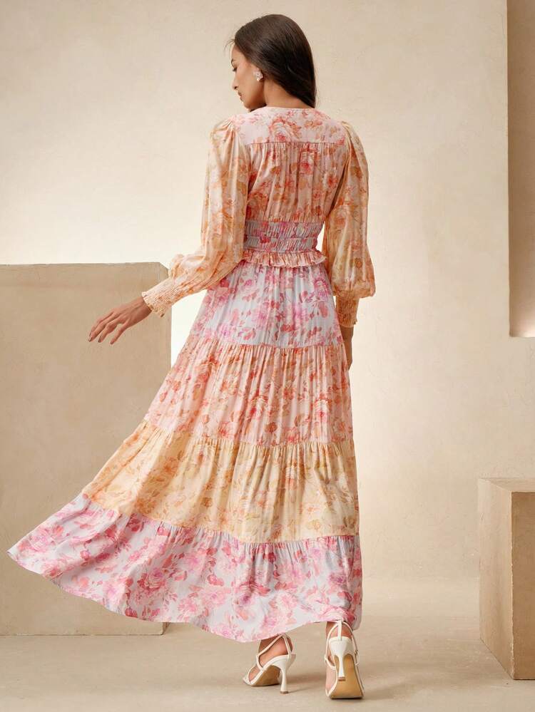 Vestido largo de corte evasé con bloque de color, cuello en V y mangas farol, elegante y de contraste de color, adecuado para fiestas, citas, vacaciones, playa de verano, vacaciones, Día de San Valentín