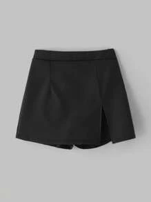 SHEIN Leap Crew Tween Girls Knitted Solid Color 2 In 1 Skirt With Side Slit, Fashion Versatile Shorts - Black - View 2