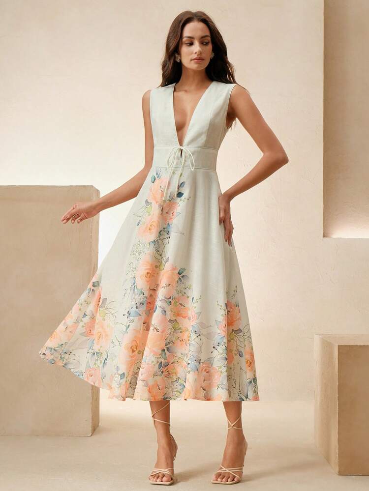 French Design Deep V-Neck Positioning Print Sleeveless Fashionable Mid-Length Floral Dress For Women
