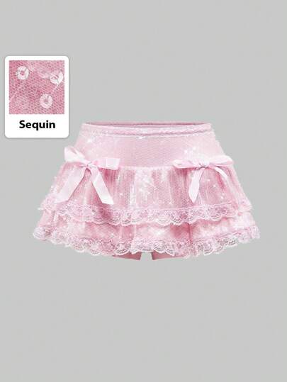 J-Fashion Women Gyaru Pink Contrast Sequins Layered Skirts