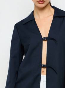 AiiRZ 优雅缎面长袖衬衫，双扣细节，专业办公室工作商务时尚现代简约上衣晚会装 - 藏蓝色 - 查看 5