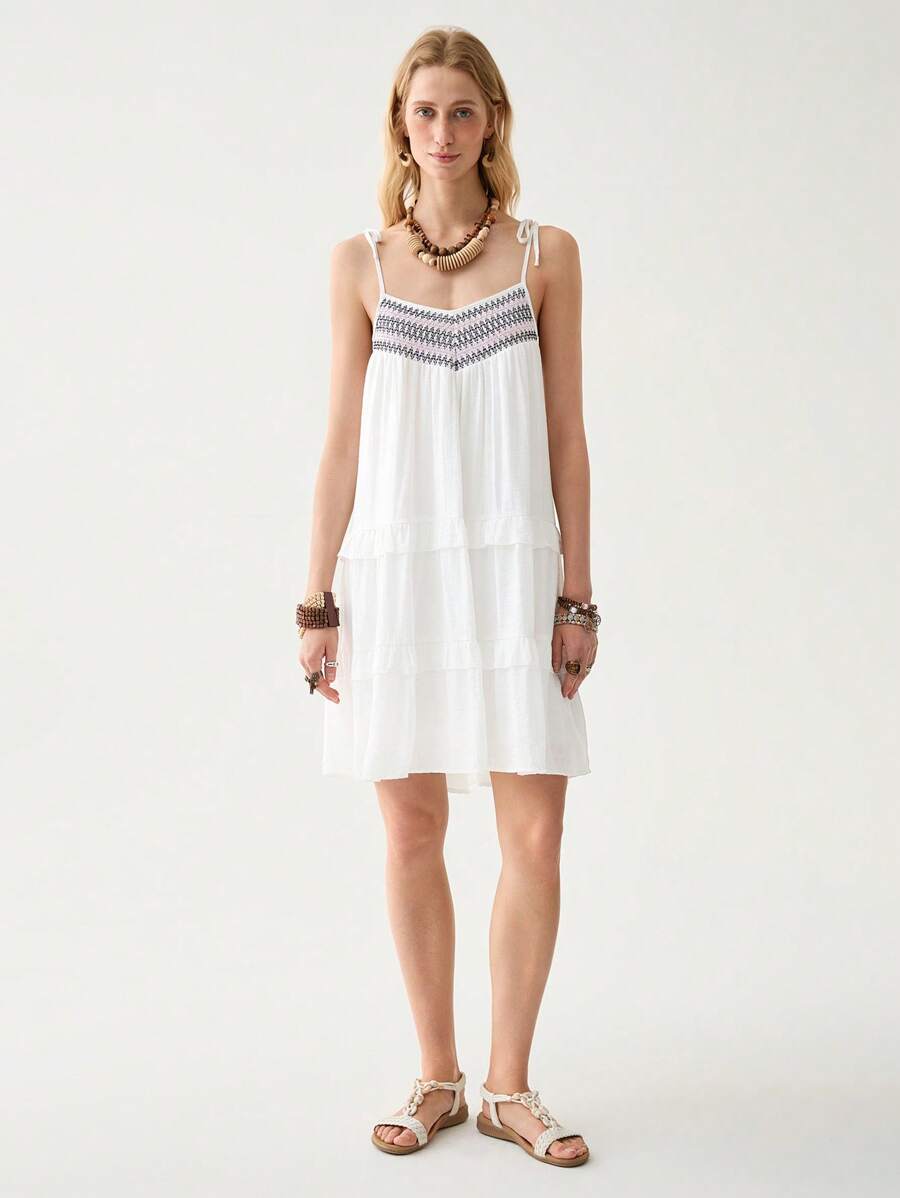 SHEIN Unity Women's Colorful Bohemian Style Spaghetti Strap Dress, Suitable For Spring/Summer Holiday - White - View 1