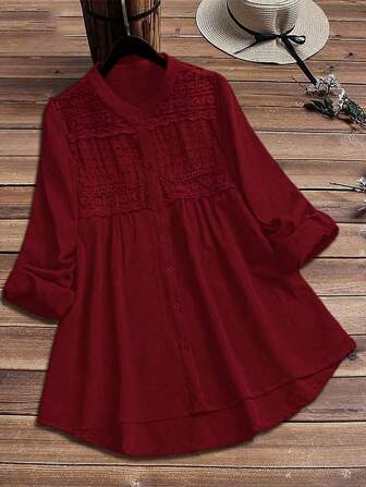 SHEIN LUNE 大码女式撞色蕾丝纯色纽扣前襟衬衫