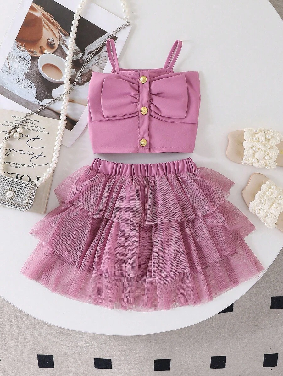 Conjunto de bebé niña de verano con Top de tirantes de unicolor + falda de lunares negros estilo pastel - Morado - Ver 1