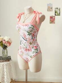 SHEIN MOD Costume da bagno a una pieza casual da donna con stampa floreale a maglia, con spalline e dettagli con nodo