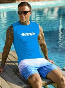 Manfinity Swimmode 2pcs Men's Letter Print Vest & Shorts Swimwear Set,Hawaiian - Blue - View 4