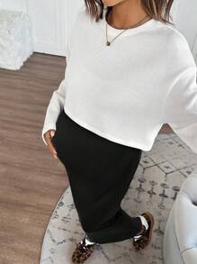 SHEIN Maternity Set: Raglan Long Sleeve Top + Solid Color Fitted Strap Dress, 2pcs, Autumn