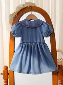 SHEIN Vintaside Kids Toddler Girl Summer Lightweight Denim Dress With Cute Cherry Embroidery, Sweet Ruffled Collar, Suitable For Casual Outings, Picnics, And Everyday Wear - Blue - View 3