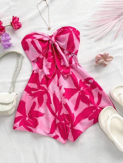 Soleia Women Holiday Beach Cruise Vacation Party Summer Watercolor Silhouette Print Cropped Bustier Front Twist Back Cinched Waist Wide Leg Loose Jumpsuit, Suitable For Party, Date, Valentine's Day, Layering