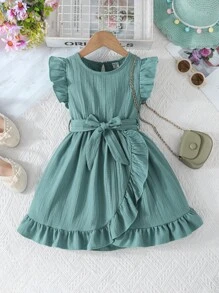 SHEIN Elladie kids Young Girl' Comfy Casual Ruffled Hem Dress With Belt, Summer Casual Dresses For Girls - Baby Blue - View 1