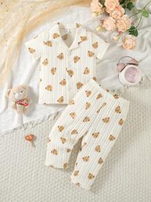 2pcs Baby Girls' Casual Comfy Textured Wave & White Bear Print Long Pants With Short Sleeve Cardigan Sleepwear Set - Apricot - View 1