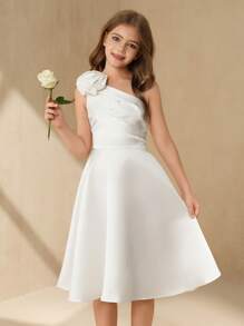 Plus Size Elegant And Fancy Girls' Flower Decor One Shoulder Short Party Dress, Suitable For Flower Girl In Wedding Season - White - View 5