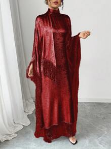 Rafferiza 宽松高领流苏边连衣裙 - 酒紅色 - 查看 5