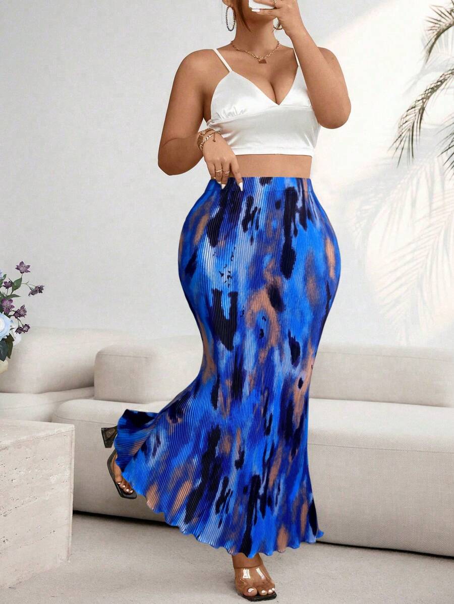 Celure تنورة ماكسي ذات خصر مطاطي مطبوعة بطباعة التعتيق للمرأة بحجم كبير، تنورة ماكسي ذات حافة ذيل السمكة عصرية - الأزرق - مشاهدة 1