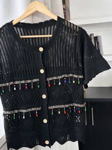 Flirla Plus Size V-Neck Solid Color Short Sleeve Tassel Hollow-Out Loose Bohemian Cardigan For Women, Suitable For Summer