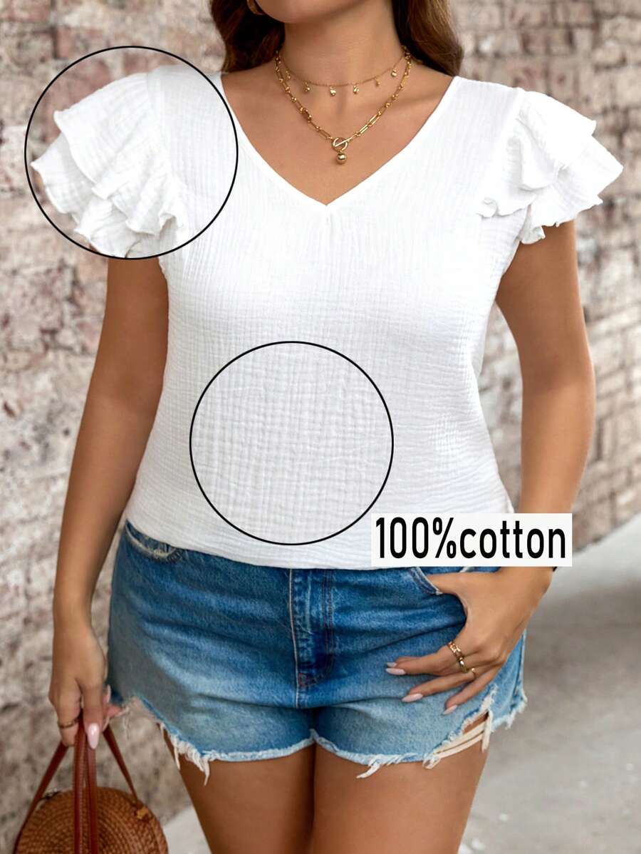 SHEIN LUNE Áo thun cổ chữ V trơn viền bèo nhún cỡ lớn cho kỳ nghỉ mùa hè - trắng - Xem 1