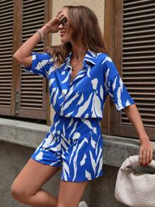 SHEIN Cottnline Palm Print Co-Ord Set With High-Waisted Shorts And Oversized Linen Shirt" Women Summer Clothing Woman S Summer Clothes Women S Clothes Shirt Sets For Women Short Sets For Women - Mint Green - View 1