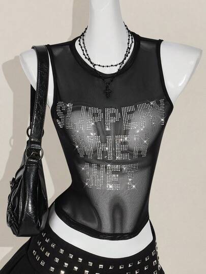 SHEIN ICON Top sin espalda ajustado de malla brillante con letra de strass para mujer, de estilo Y2K, de malla transparente y sexy de verano, en color negro