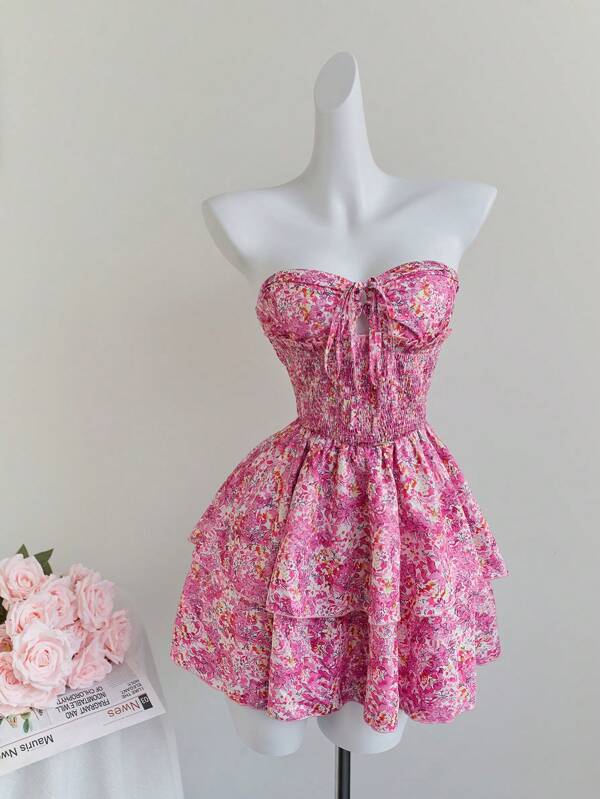 Elamini Rochie mini pentru femei, roz, florală, cu talie strânsă, cu talie strânsă, cu tiv dublu cu volan, fără spate, ocazională de vacanță, elegantă