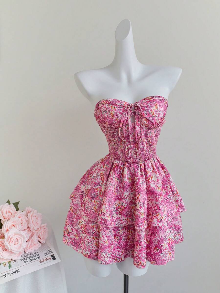 Elamini 女士粉色碎花束腰系带双荷叶边下摆露背迷你连衣裙，休闲度假优雅 - 彩色 - 查看 1