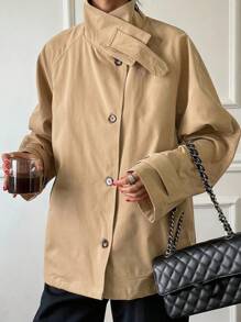 DAZY Áo khoác gió tay dài cài khuy đơn màu trơn cho nữ, Quần áo mùa thu cho nữ Áo khoác nữ - Màu Khaki - Xem 4