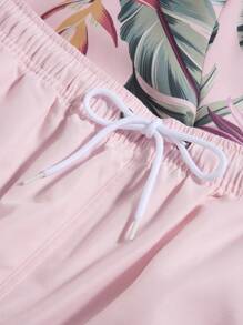 Manfinity Swimmode Plus Size Men's Summer Holiday Tropical Print Short Sleeve Shirt And Shorts Beach Set, Hawaiian - Pink - View 4