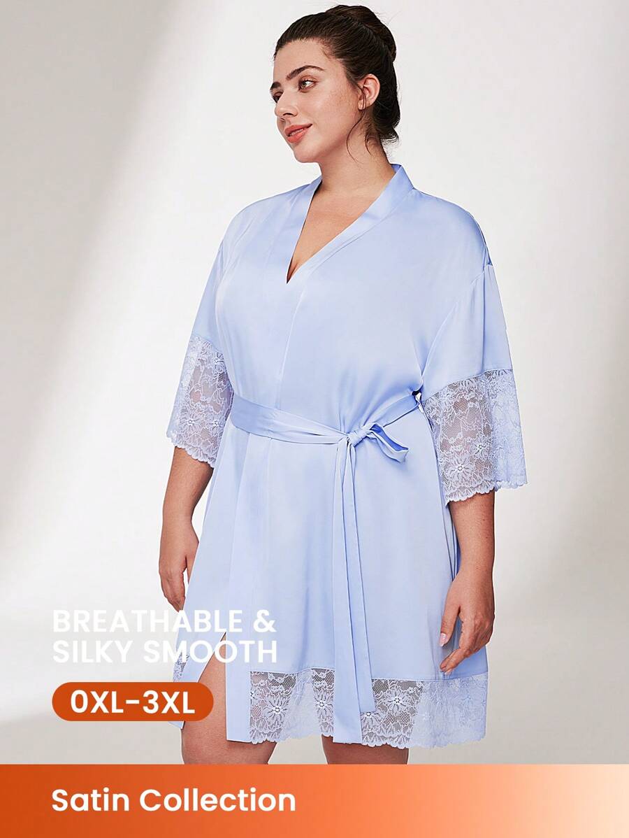 LUVLETTE Plus Silky Satin Luxurious Lace Elegance Trim Tie-Front Bridal Loungewear Airy Pajama Robe Bath Robe Night Gown Women