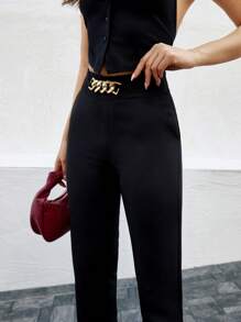 RueChic Chain Detail Cropped Suit Trousers - Black - View 5