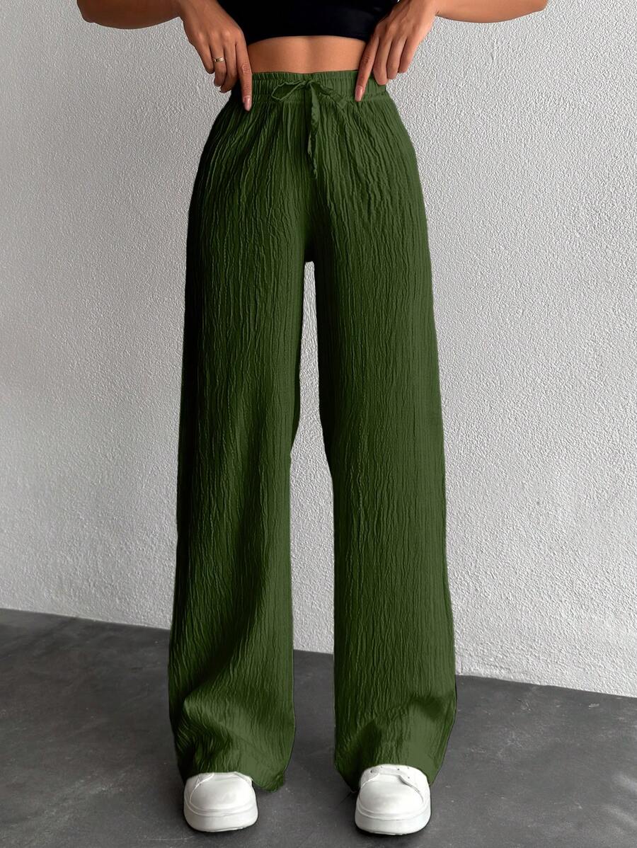 EURMUSE Petite Women's Solid Color Long Waist Drawstring Pants - Green - View 1
