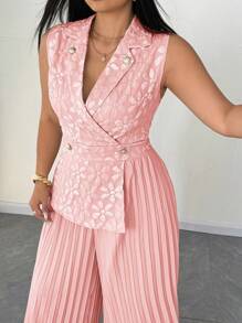 SHEIN Clasi Taglia grande Tuta elegante da donna in jacquard plissettato con colletto - Rosa Baby - Visualizzare 6