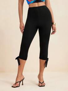 LUNA B Black Solid Color Elastic Waist Bow Carpi Pants Women Summer Vacation Beach Set Yoga Pants