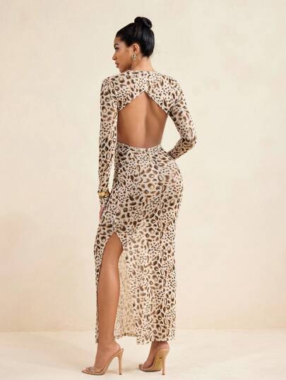 LUNA B Sheer Mesh Tulle Leopard Print Sexy Women Summer Beach Outfit Long Sleeves Backless Madi Dress Women Maxi Dress Prom Dresses For Women For Women For Women Formal Dress For Women For Women Formal Classy Dress For Women Luxury Dress