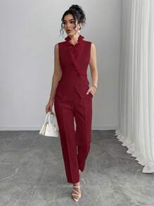 Gloray 2 Pieces Set: Figure-Hugging Sleeveless Deep V-Neck 3D Ruffle Pocket Button Crisscross Asymmetric Hem Cropped Tapered Pants, Elegant Casual Office Work Wedding Party Summer Vest & Trousers For Women - Burgundy - View 5