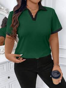 Calvaya Plus Size Casual Colorblock Trim Short Sleeve T-Shirt Graphic Tees Women Tops - Dark Green - View 7