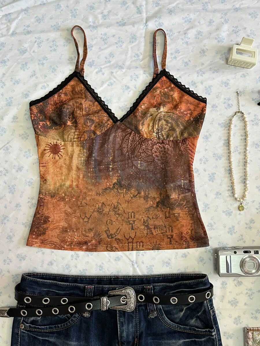 SHEIN EZwear Summer Rave Festival Graphic Printed Mesh Cami Top - Coffee Brown - View 1