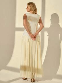 Auralis 大码派对服装、演唱会服装、教堂礼服、邮轮服装、夏季连衣裙、度假服装、沙滩服装、生日礼服、优雅无袖网纱刺绣花朵面料长款连衣裙、毕业礼服、婚礼宾客礼服、度假连衣裙、正式场合礼服 - 杏色 - 查看 2