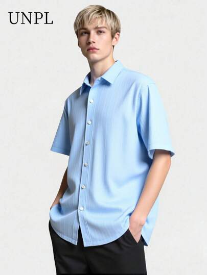 SHEIN 青少年男孩13-16岁2025夏季新品/纯色提花面料/柔软顺滑手感/有领短袖纽扣衬衫