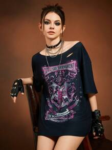 HARRY POTTER X SHEIN Women's Black Asymmetrical Shoulder Casual Retro Punk Dark Mottled Letter & College Badge Pattern Short Sleeve Loose T-Shirt, Comfortable In Summer