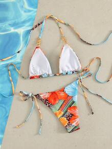 SHEIN Swim Women Casual Vacation Random Floral & Leopard Print Halter Neck Triangle Top And Tied Side Bikini Bottom Set