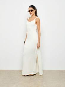 AiiRZ 纹理露背长裙无袖夏季度假装弹力罗纹婚礼宾客场合海滩度假长款礼服 - 白色 - 查看 3