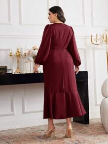 Modelyn Plus Size Women Solid Color Crew Neck Lantern Sleeve Pleated Ruffle Hem Elegant Midi Dress - Burgundy - View 2
