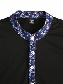 Manfinity Homme Men's Solid Color Buttoned Front Short Sleeve Top & Shorts Set, Minimalist Men Casual Summer Outfit - Navy Blue - View 4