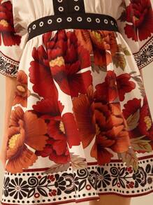 CAJUNI Women's Bohemian Tropical Floral Print Casual Deep V-Neck Loose Short Dress - Multicolor - View 7