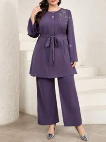 Veilorie 2pcs Plus Size Elegant Crystal Decor Top And Pants Set - Purple - View 5